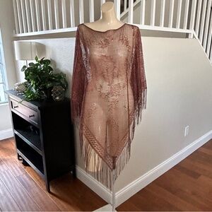 Vintage 90s Y2K Brown Bohemian Poncho Top Lace Fringe Triangle Pullover O/S